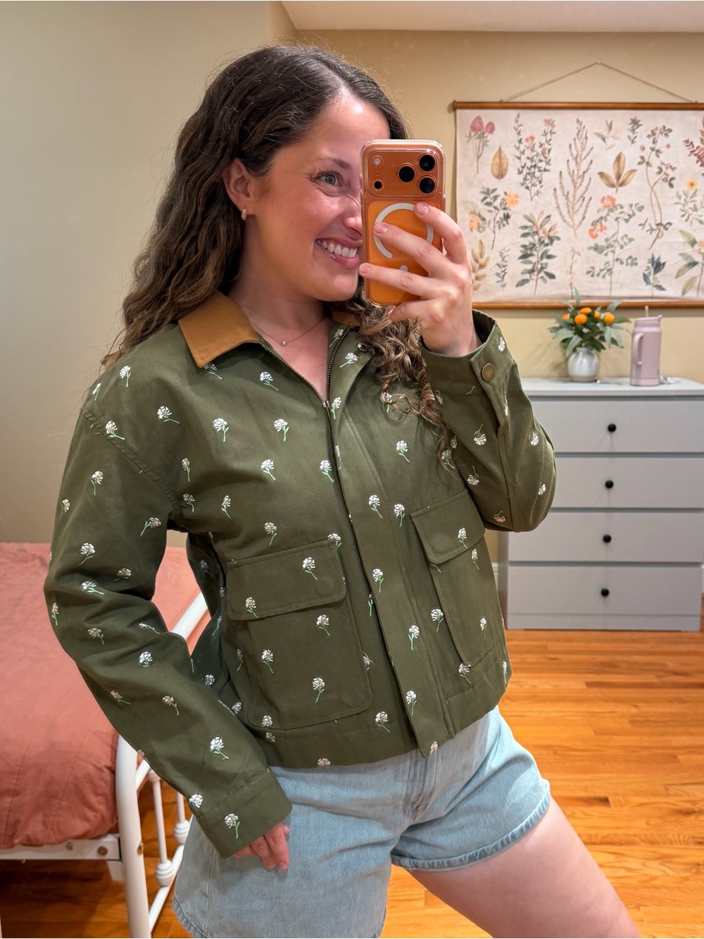 Anthropologie Dolan Olive Green Floral Utility Barn Jacket w Contrast Collar M